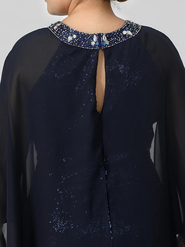 Meerjungfrau/Trompete Kleid für die Mutter der Braut, formell, schick und modern, glamourös und dramatisch, Übergröße, Rundhalsausschnitt, bodenlang, Chiffon, mit Pailletten, 3/4-Ärmel, nein, mit Kristallen und Perlen
